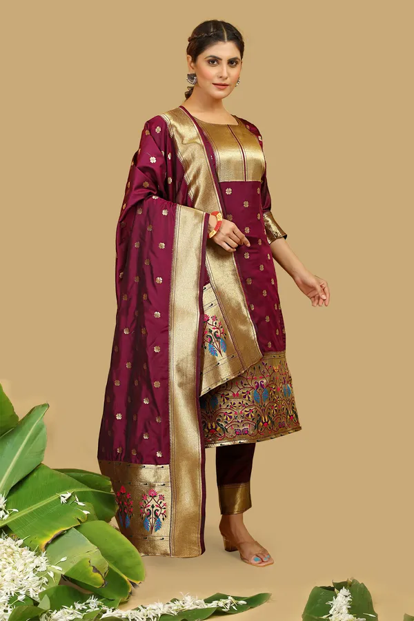 Wine_Colour_Paithani_Suit_Unstitched_Fabric_With_Dupatta